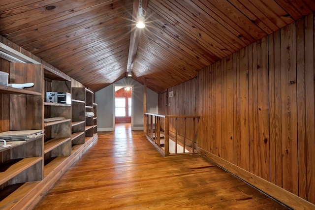 bonus room featuring lofted ceiling, wood walls, wood-type flooring, and wood ceiling