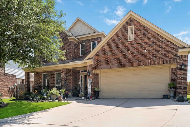 view of front of home featuring a garage, concrete driveway, brick siding, and a porch