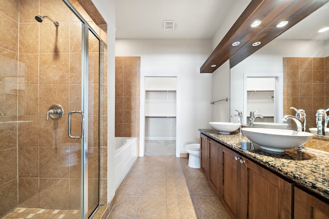 full bathroom with vanity, separate shower and tub, tile patterned floors, and toilet