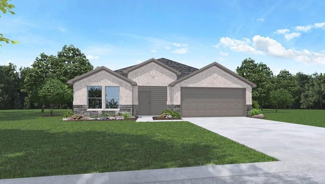 view of front of property with a garage and a front lawn