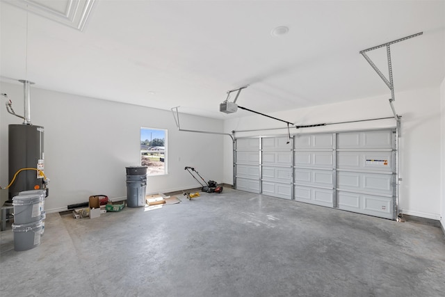 garage with water heater and a garage door opener