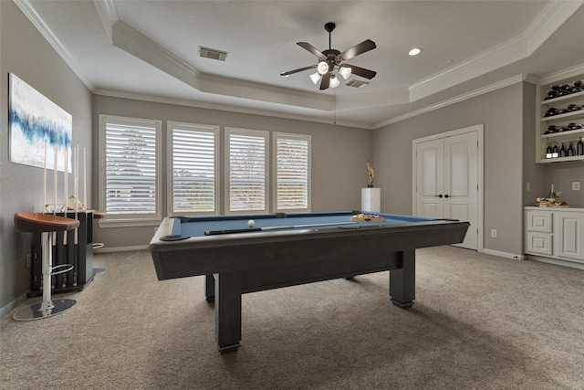 recreation room featuring a raised ceiling, carpet floors, ornamental molding, and pool table