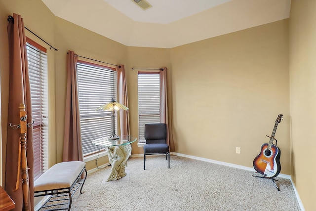 living area featuring carpet flooring