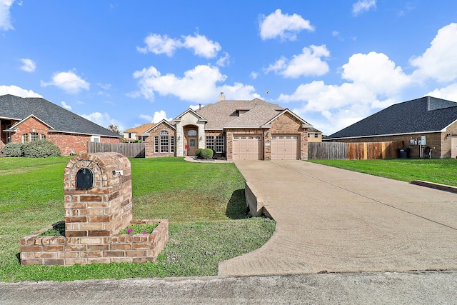 view of front of property with a garage and a front lawn