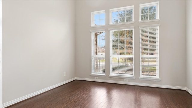 spare room with a towering ceiling, dark hardwood / wood-style floors, and a wealth of natural light