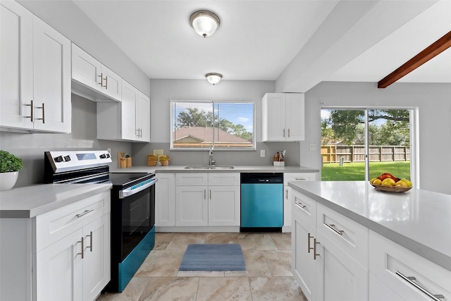 kitchen featuring dishwashing machine, stainless steel electric range, light countertops, a healthy amount of sunlight, and a sink