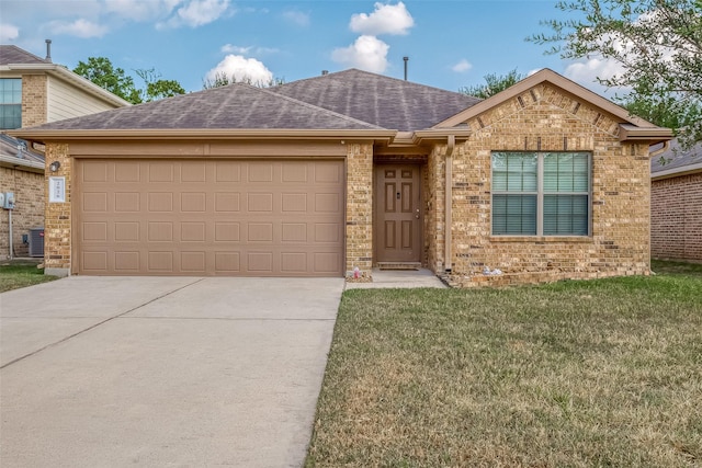 ranch-style home with a garage, a front lawn, and cooling unit