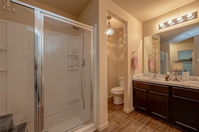 bathroom featuring vanity, toilet, an enclosed shower, and wood-type flooring