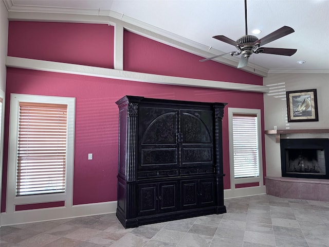 interior details with ceiling fan and ornamental molding