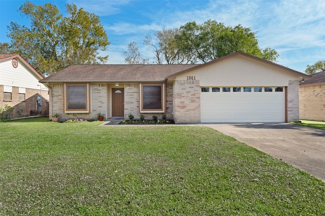 single story home with a garage and a front yard