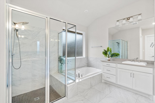 full bathroom with a garden tub, a marble finish shower, vanity, and lofted ceiling