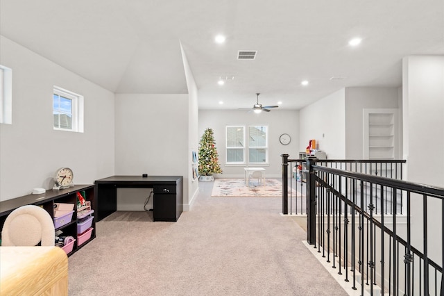 interior space featuring carpet, visible vents, baseboards, and recessed lighting