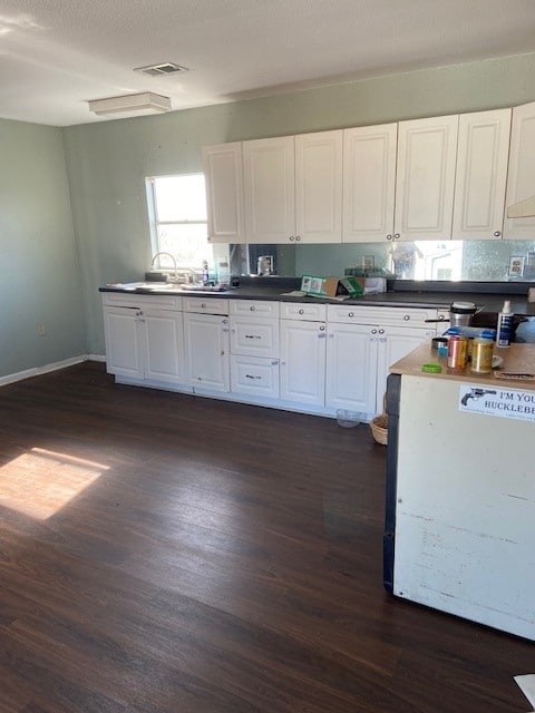 kitchen with white cabinetry and dark wood-type flooring