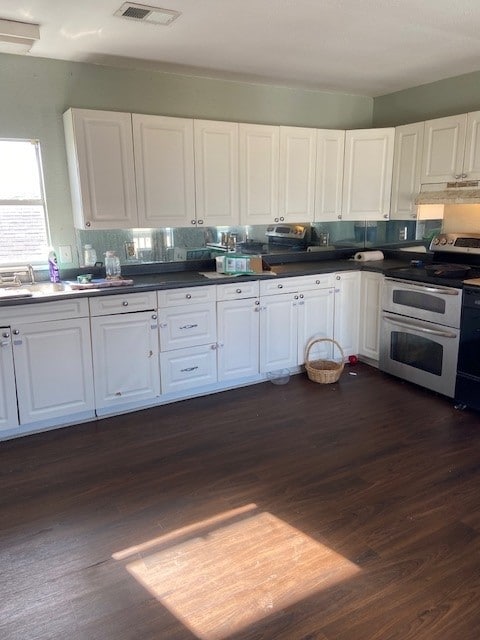 kitchen featuring electric stove, dark hardwood / wood-style flooring, white cabinets, and extractor fan