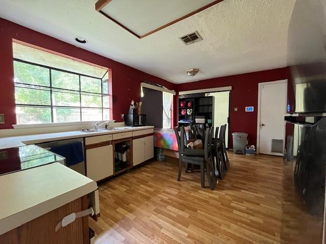 kitchen featuring a textured ceiling, dishwasher, sink, and light hardwood / wood-style flooring