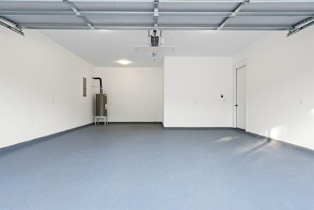 garage featuring electric panel, a garage door opener, and water heater