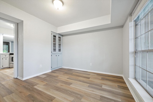 spare room featuring light wood-type flooring and baseboards