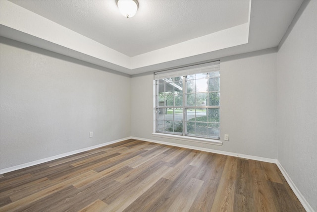 empty room featuring baseboards, a raised ceiling, and wood finished floors