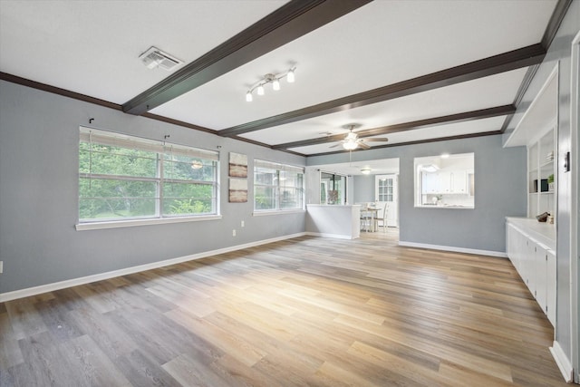 unfurnished living room with ornamental molding, visible vents, light wood finished floors, and baseboards