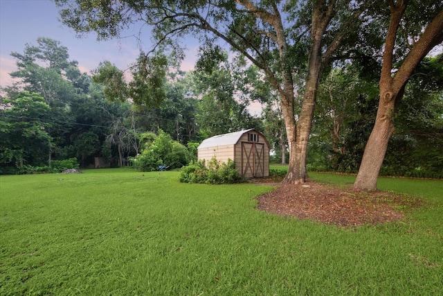 view of yard featuring an outdoor structure and a storage shed