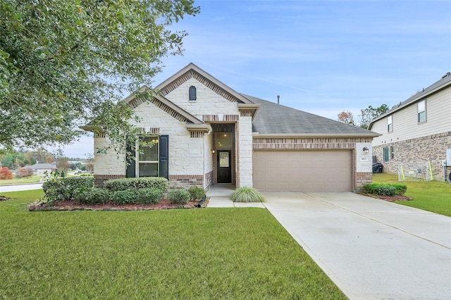 view of front of property with a garage and a front lawn