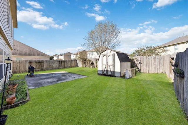 view of yard featuring a patio and a storage shed