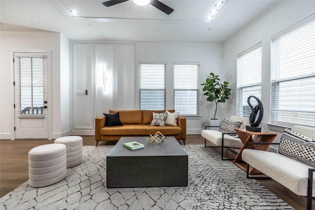 living room with wood-type flooring, plenty of natural light, and ceiling fan