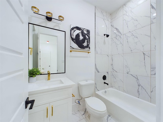 full bathroom with vanity, tiled shower / bath combo, and toilet