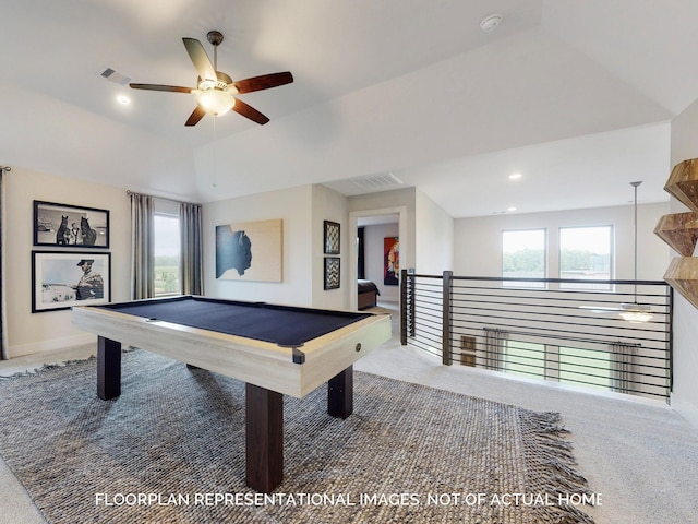 recreation room featuring ceiling fan, carpet floors, lofted ceiling, and pool table