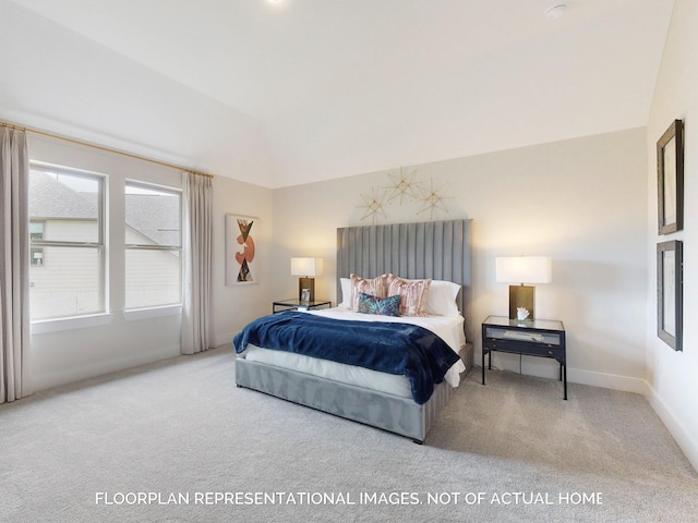 bedroom featuring light carpet and lofted ceiling