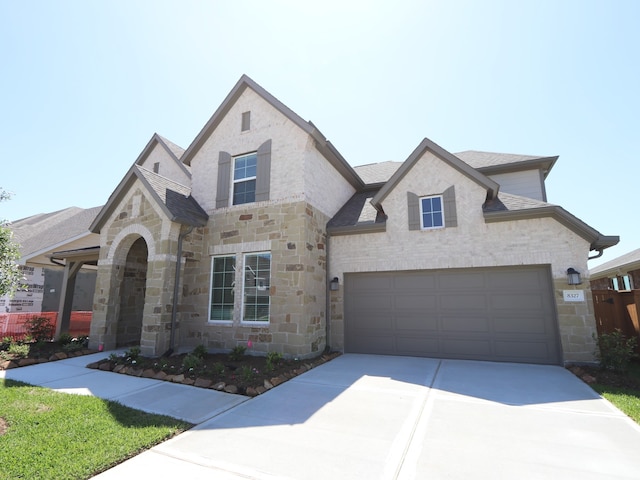8327 Oceanmist Cove Dr, Cypress, TX 77433 - french provincial home featuring stone siding, a shingled roof, and driveway