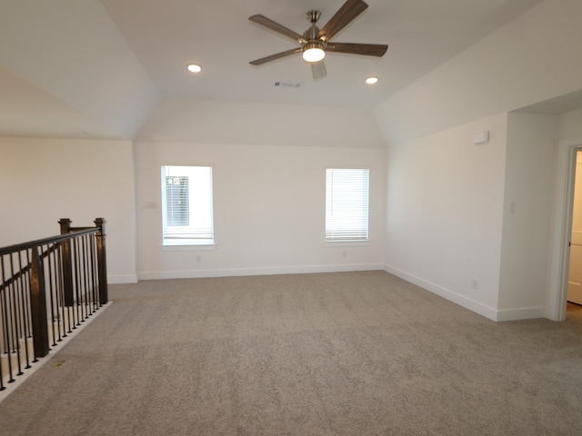 8327 Oceanmist Cove Dr, Cypress, TX 77433 - carpeted spare room with baseboards, visible vents, a ceiling fan, and vaulted ceiling