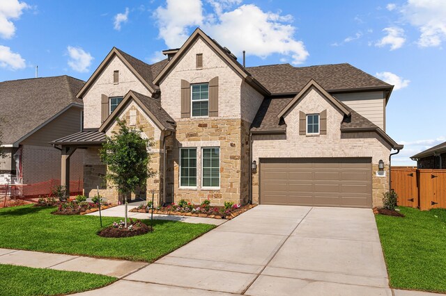 8327 Oceanmist Cove Dr, Cypress, TX 77433 - french country home featuring concrete driveway, stone siding, roof with shingles, and a standing seam roof