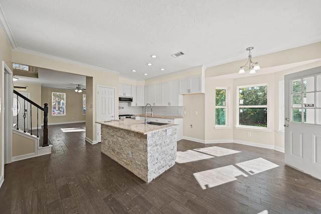 kitchen featuring white cabinets, sink, dark hardwood / wood-style floors, an island with sink, and decorative light fixtures