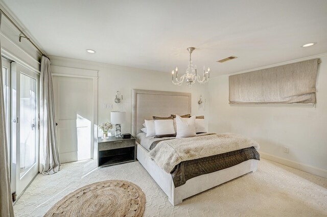 bedroom with a chandelier, light colored carpet, crown molding, and multiple windows