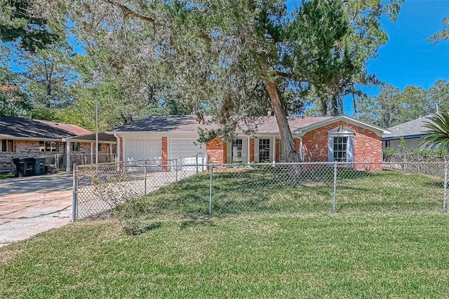 ranch-style home featuring a front lawn and a garage