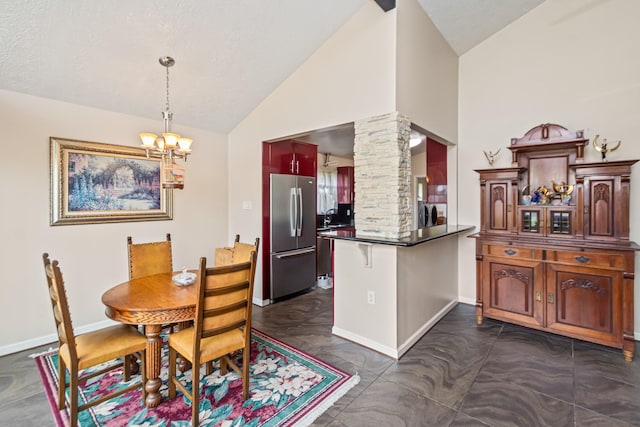 dining area featuring decorative columns, high vaulted ceiling, and a notable chandelier