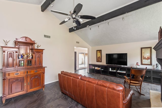 living room with beam ceiling, a textured ceiling, high vaulted ceiling, and ceiling fan