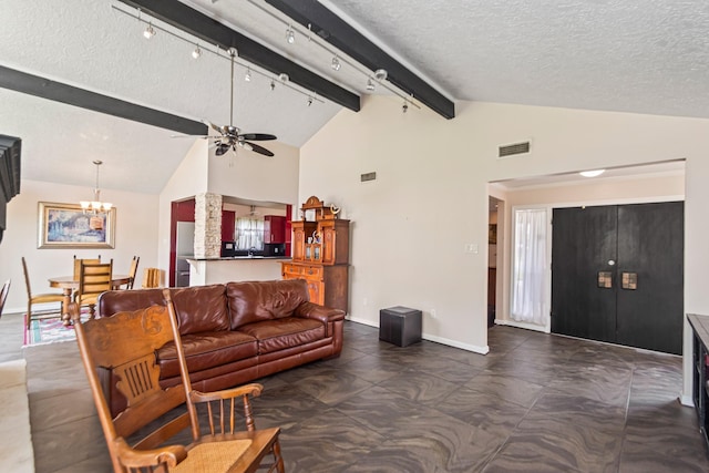 living room featuring ceiling fan with notable chandelier, beam ceiling, a textured ceiling, and high vaulted ceiling