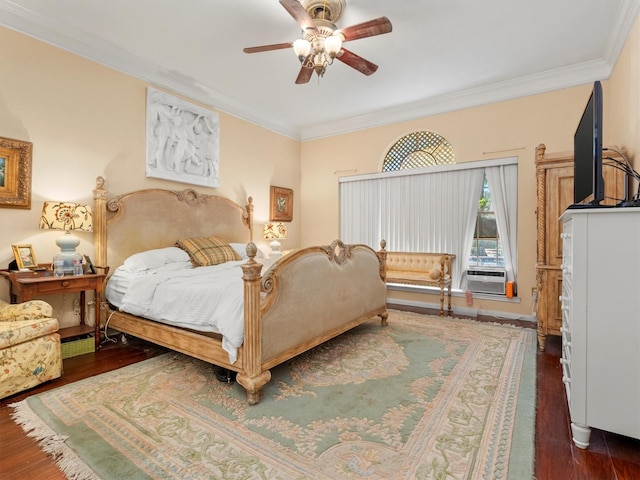 bedroom with dark hardwood / wood-style flooring, cooling unit, ceiling fan, and ornamental molding