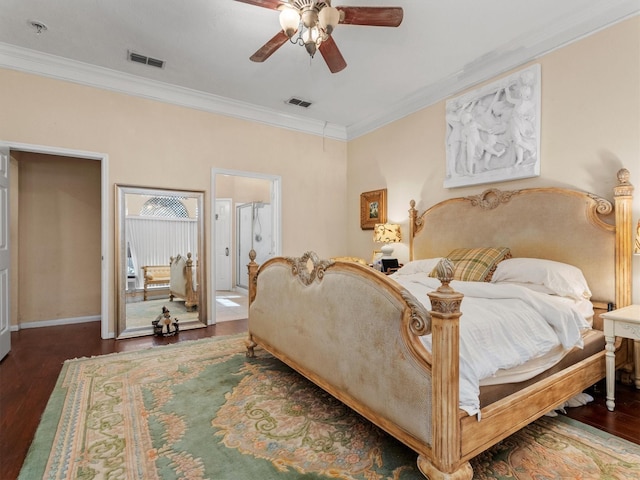 bedroom featuring ceiling fan, crown molding, and dark hardwood / wood-style floors