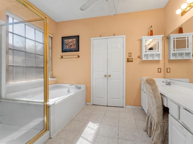 bathroom featuring tile patterned floors, ceiling fan, vanity, and independent shower and bath