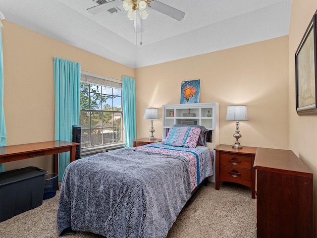 carpeted bedroom featuring ceiling fan