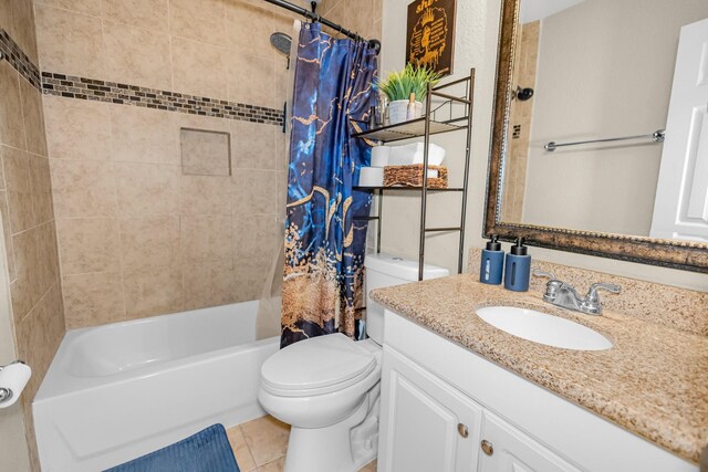 full bathroom featuring vanity, tile patterned flooring, toilet, and shower / tub combo with curtain