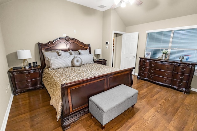 bedroom featuring ceiling fan, lofted ceiling, and hardwood / wood-style floors