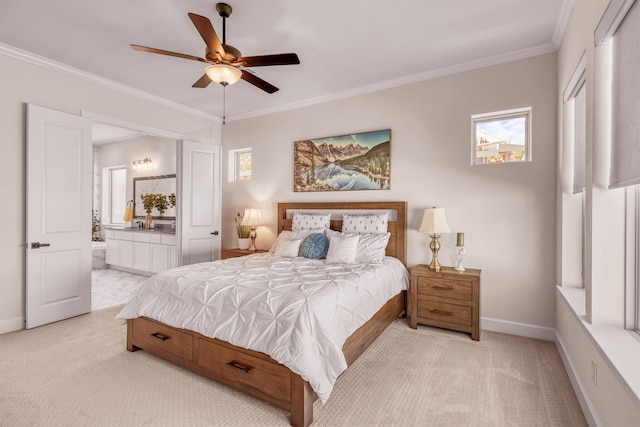 carpeted bedroom featuring ensuite bathroom, ceiling fan, and ornamental molding