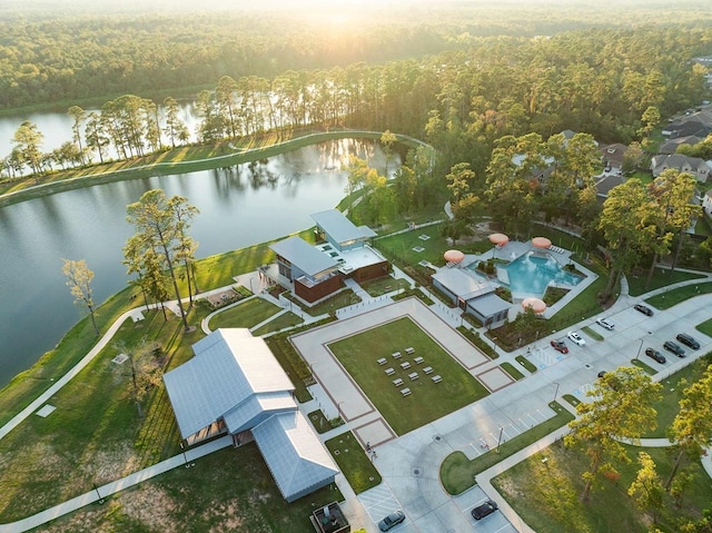 birds eye view of property featuring a water view