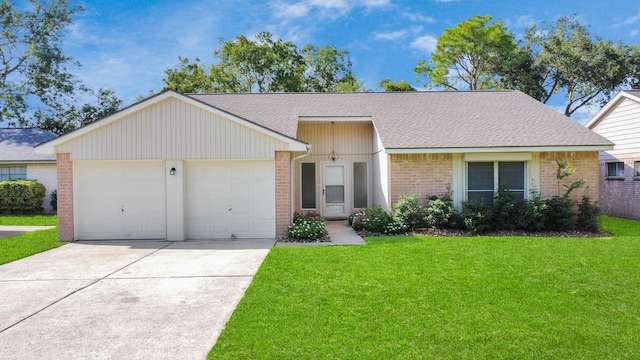 ranch-style home with a front lawn and a garage