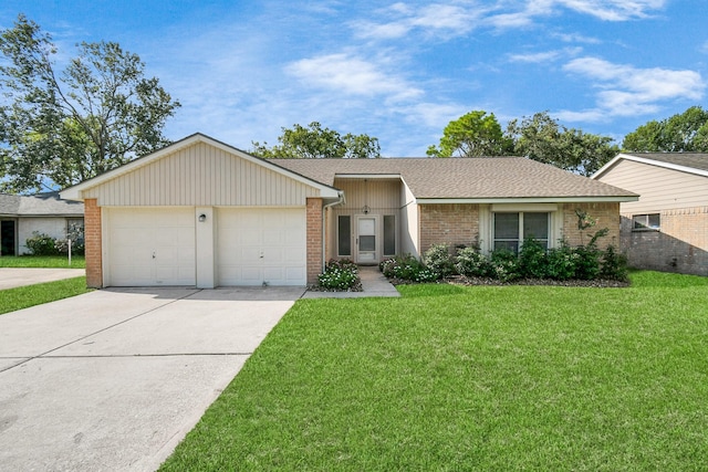 ranch-style house with a front yard and a garage