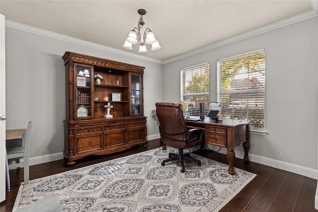 home office with a notable chandelier, dark hardwood / wood-style floors, and crown molding